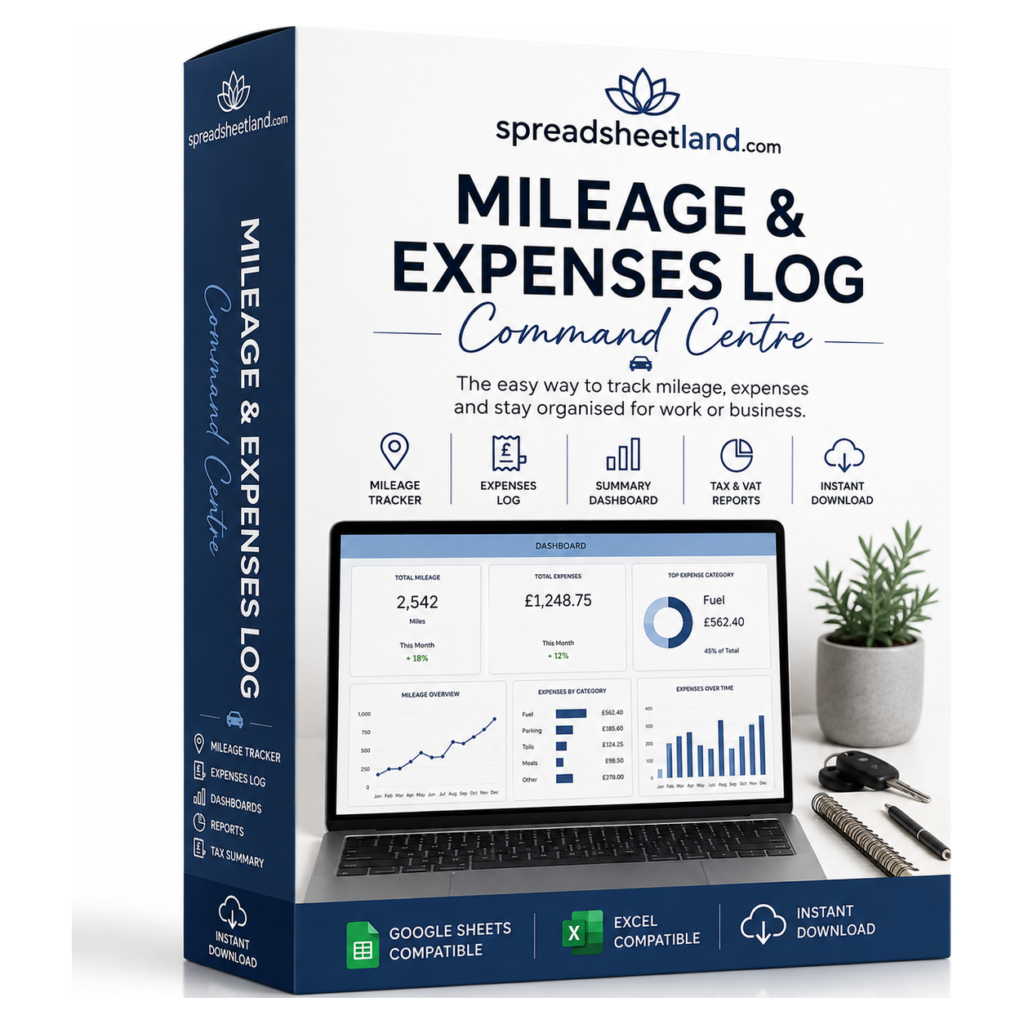 Mileage & Expenses Log Spreadsheet box packaging