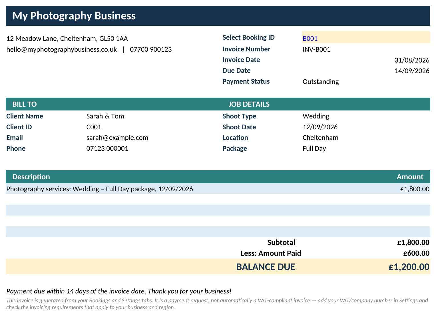 Photographer Business Command Centre - All-in-One Bookings, Invoicing, Expense & Mileage Tracker Spreadsheet - Image 9