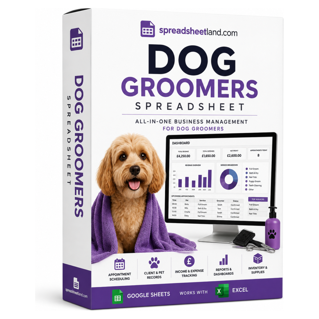 Dog Groomer Business Spreadsheet box packaging