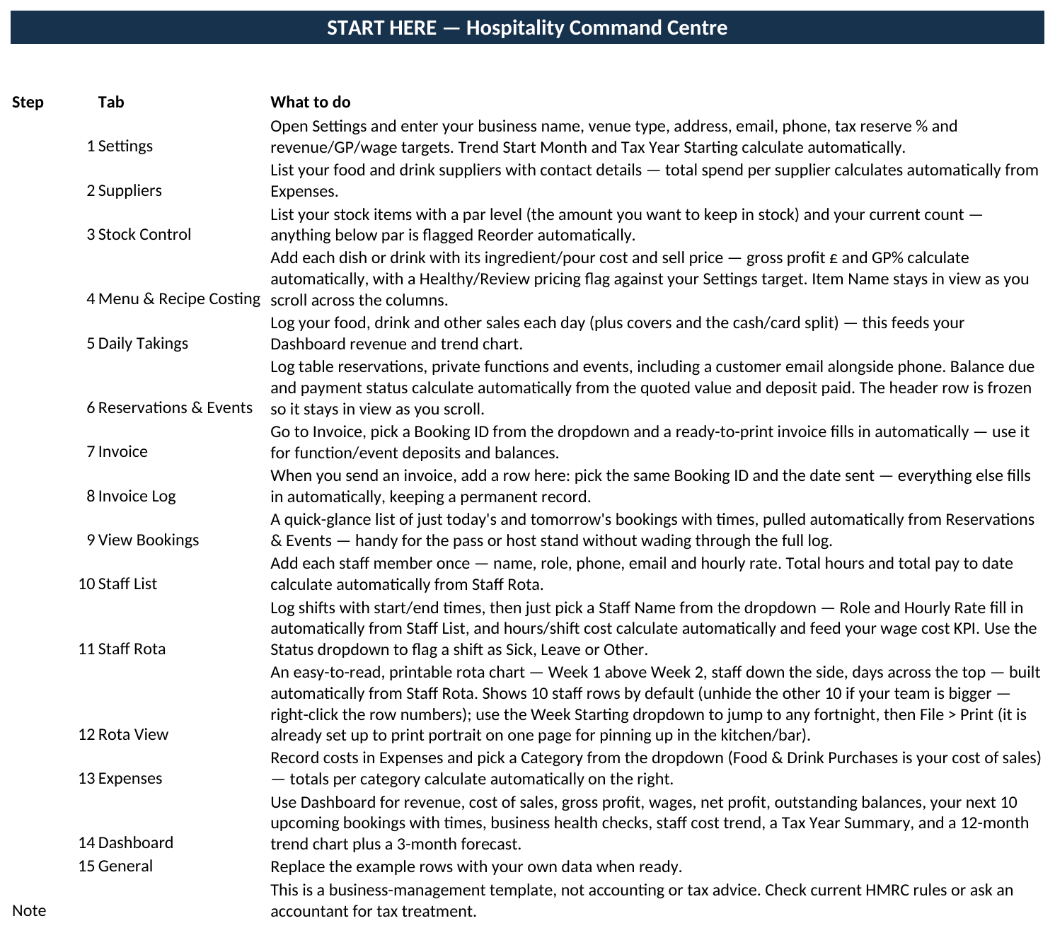 Hospitality Command Centre — All-in-One Bookings, Rota & Accounts Spreadsheet for Restaurants, Bars & Pubs - Image 7